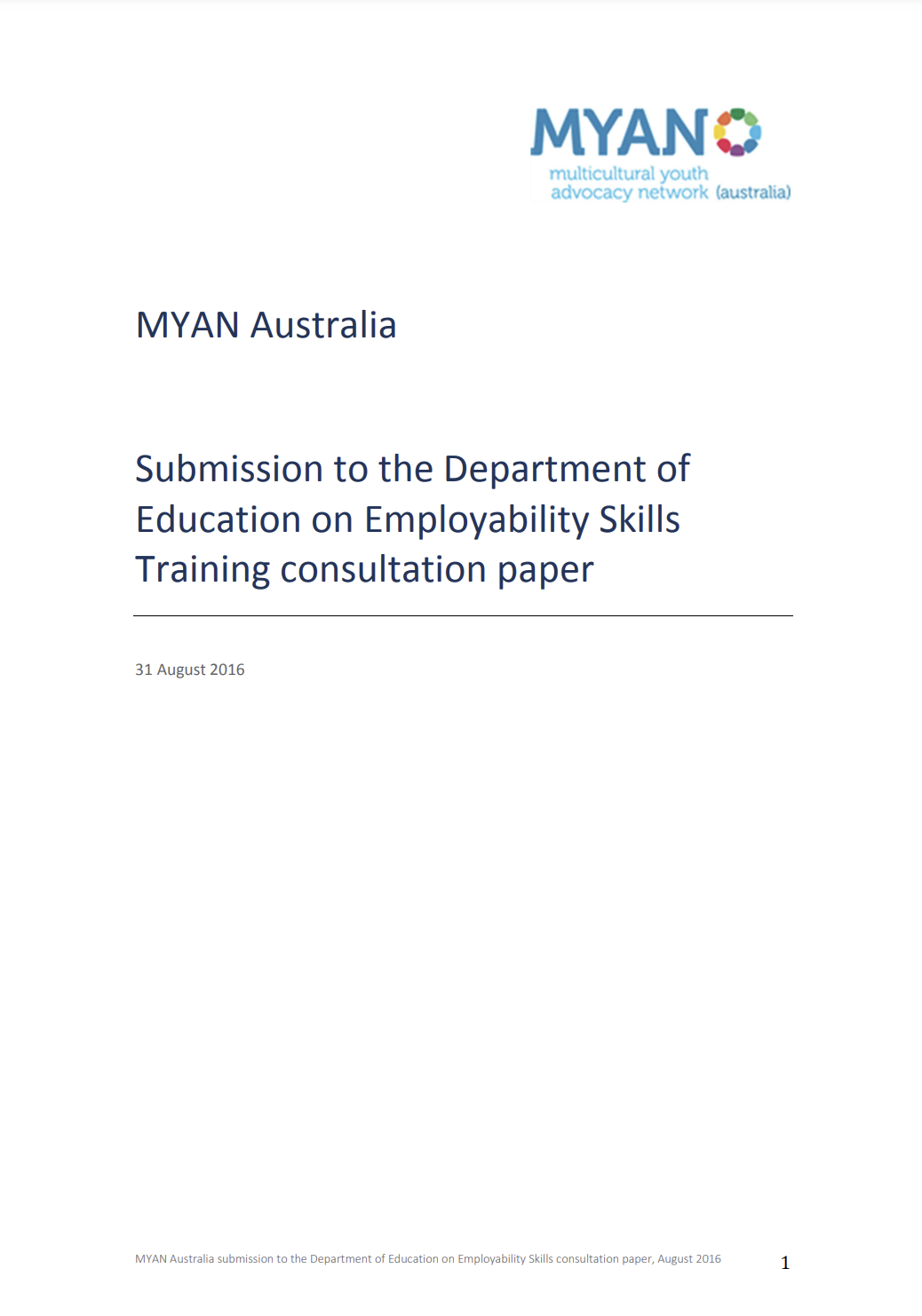 Front cover of the MYAN Australia's August 2016 submission to the Department of Education on Employability Skills Training consultation paper