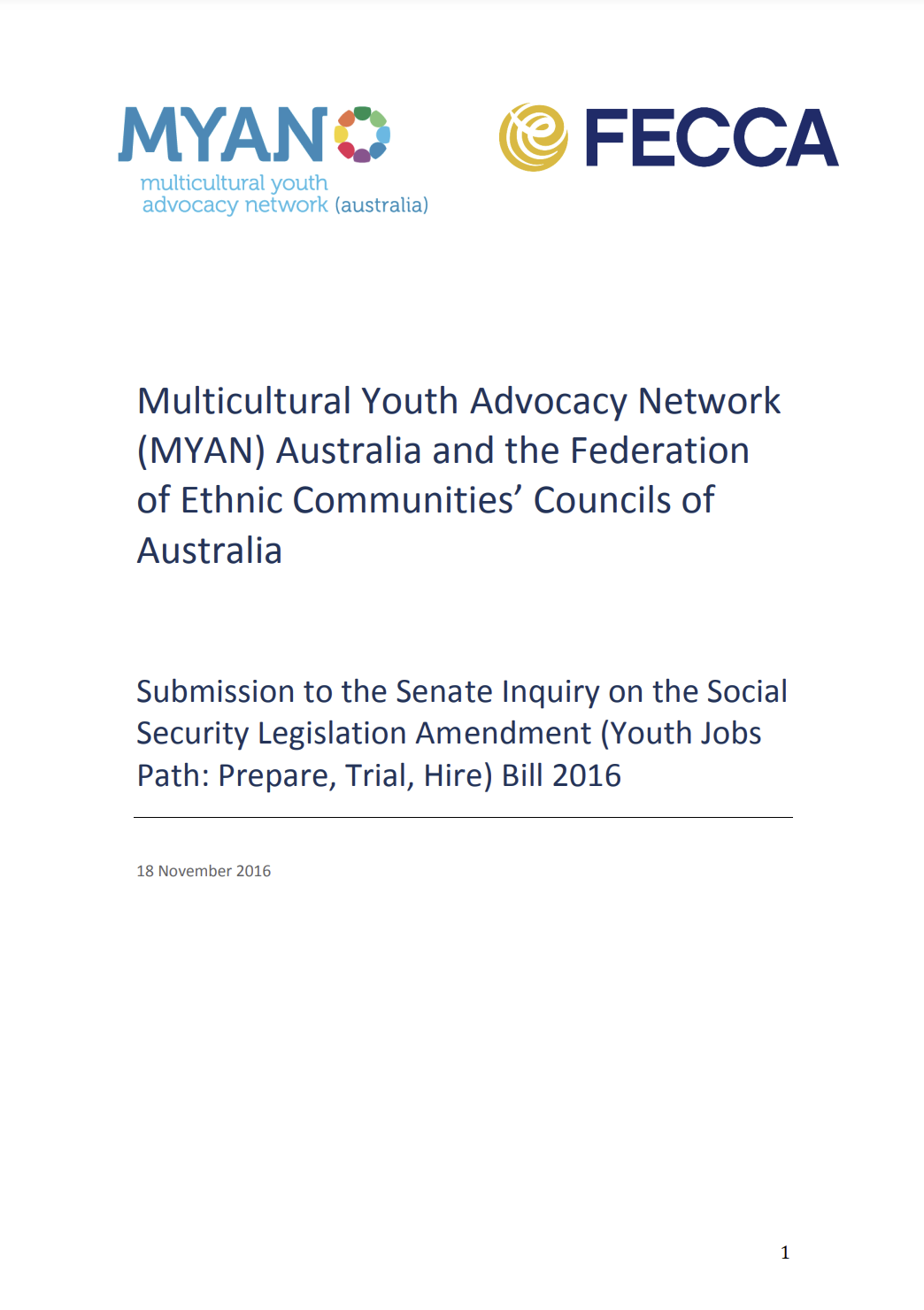 Front cover of the MYAN Australia's November 2016 submission to the Senate Inquiry on the Social Security Legislation Amendment (Youth Jobs Path: Prepare, Trial, Hire) Bill 2016