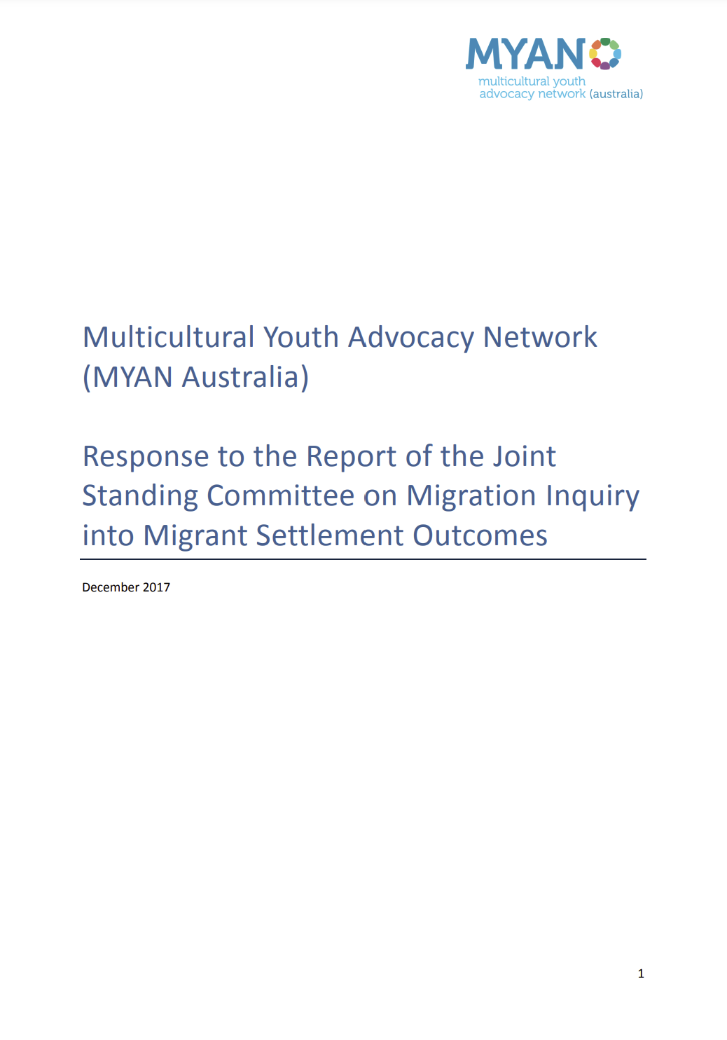 Front cover of the MYAN Australia's 2017 response to the Report of the Joint Standing Committee on Migration Inquiry into Migrant Settlement Outcomes