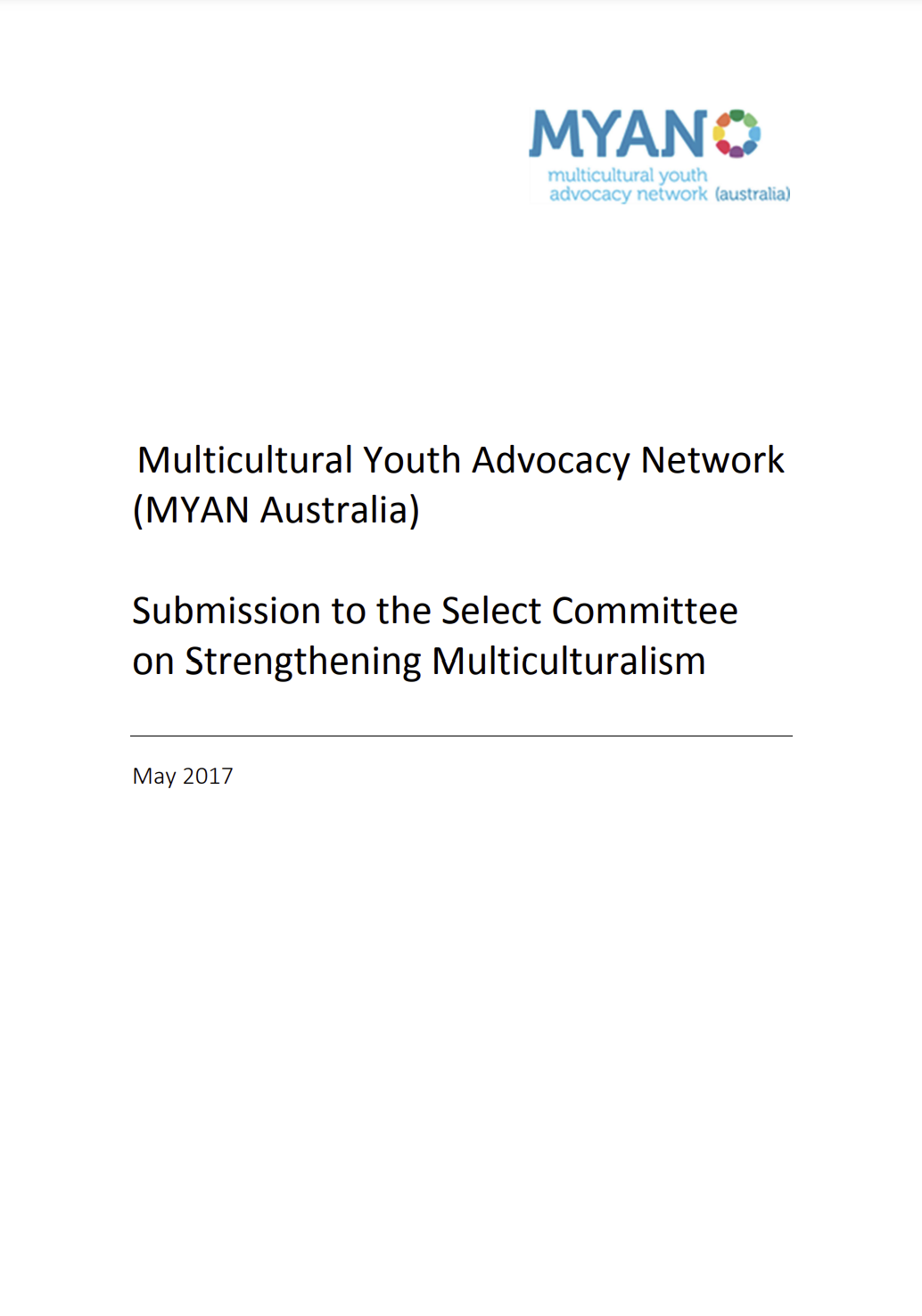 Front cover of the MYAN Australia's May 2017 submission to the Select Committee on Strengthening Multiculturalism