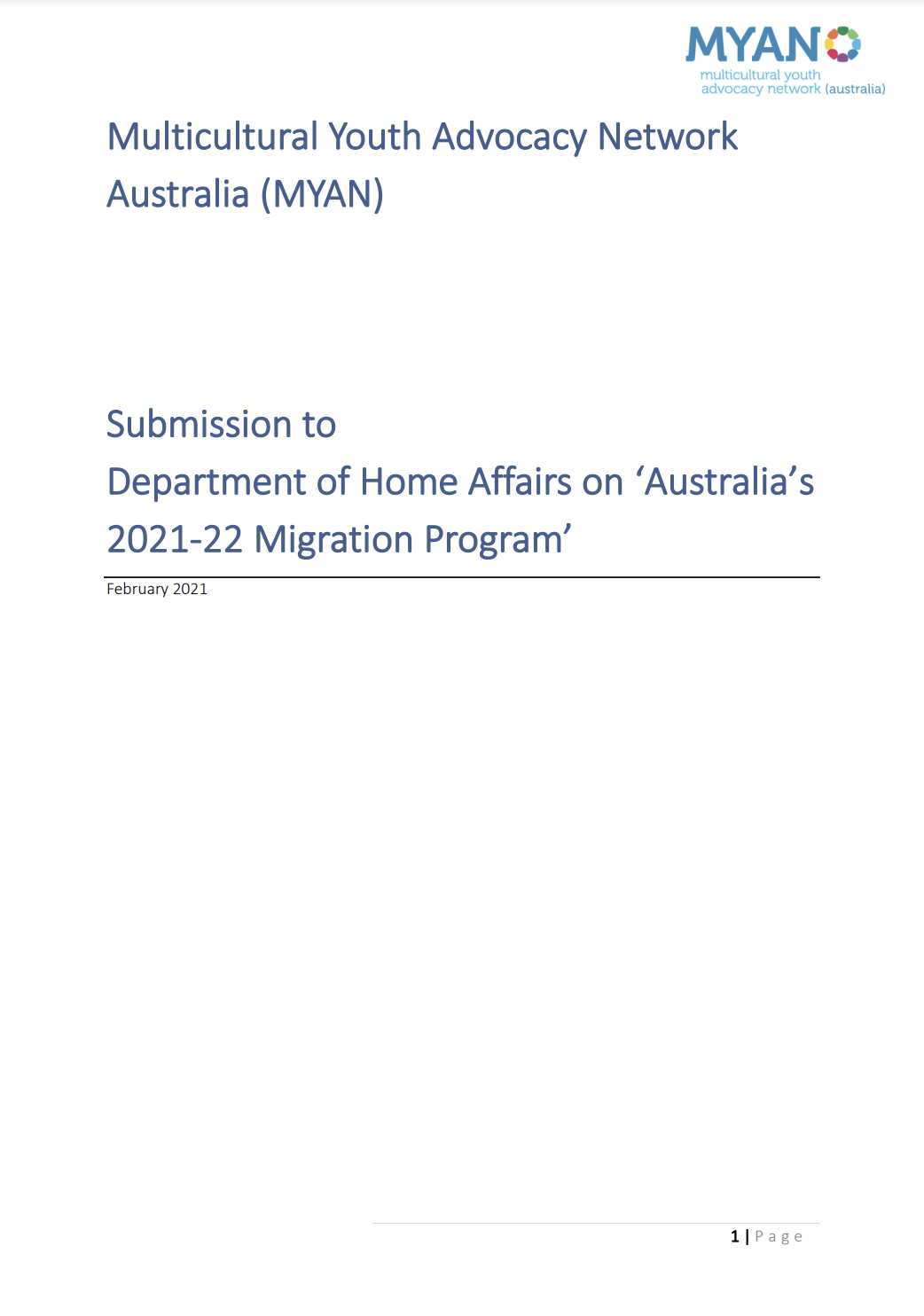 MYAN Australia Submission to the Department of Home Affairs on Australia's 2021-22 Migration Program