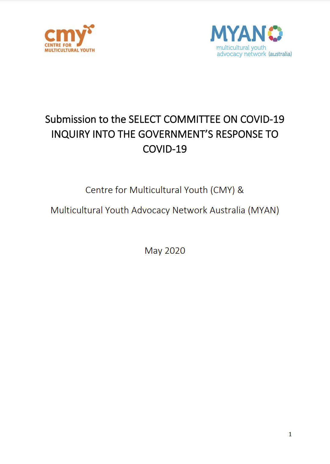 MYAN and CMY Submission to the Select Committee on COVID-19 - Government’s Response to the Pandemic - May 2020