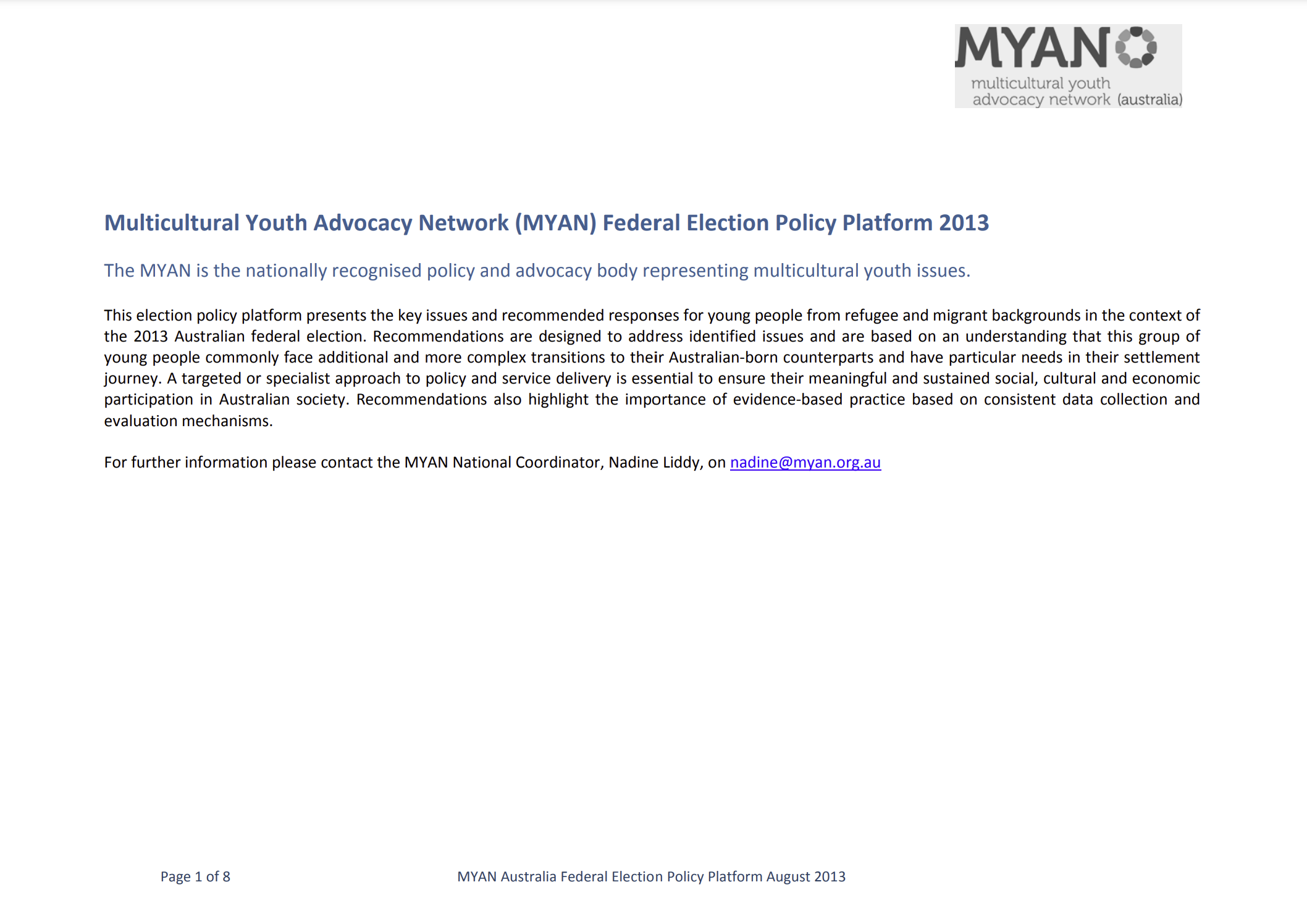 MYAN Federal Election Policy Platform - Key Issues and Recommendations for Refugee and Migrant Youth - August 2013