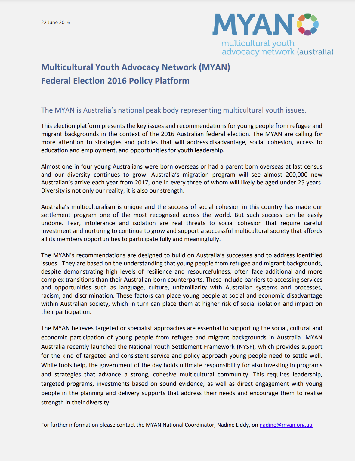 MYAN Federal Election 2016 Policy Platform - Key Issues and Recommendations for Refugee and Migrant Youth - June 2016