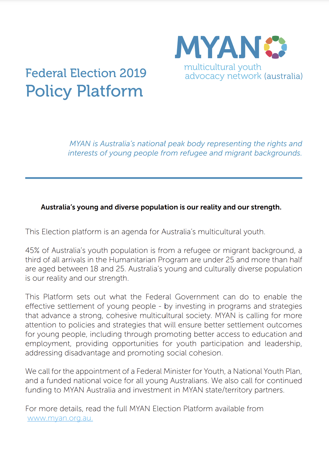 MYAN Federal Election 2019 Policy Platform - Supporting Multicultural Youth in Australia