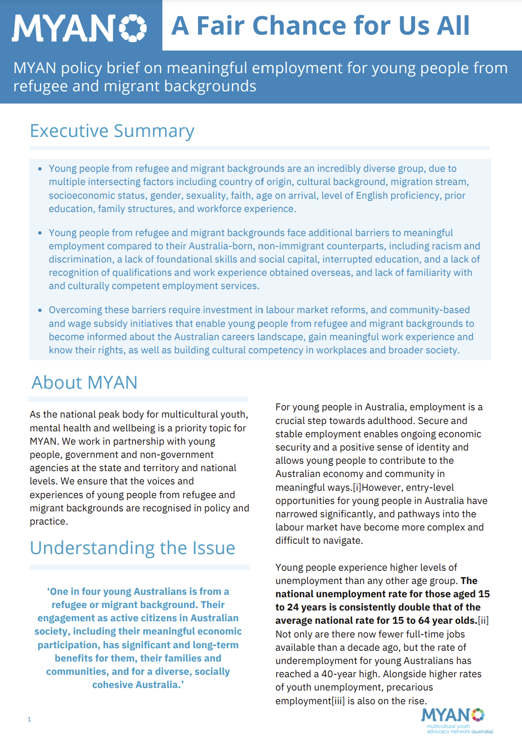 MYAN Policy Brief - A Fair Chance for Us All: Meaningful Employment for Young People from Refugee and Migrant Backgrounds - 2023