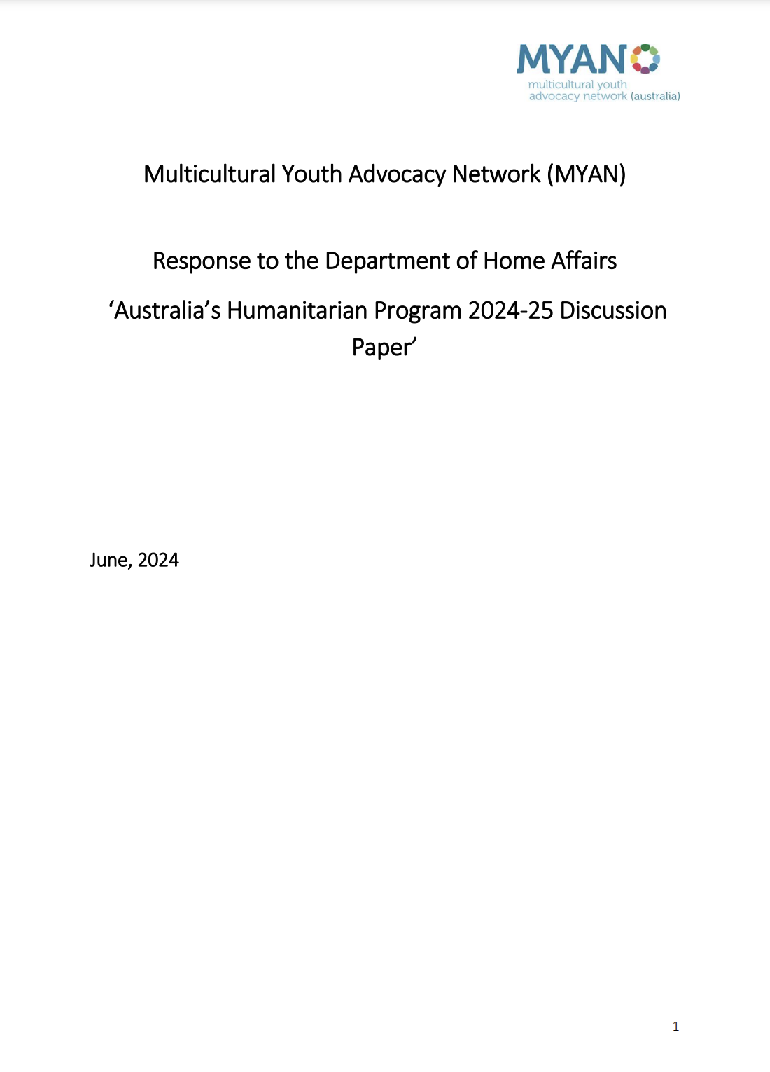 MYAN Response to Australia’s Humanitarian Program 2024-25 Discussion Paper - June 2024