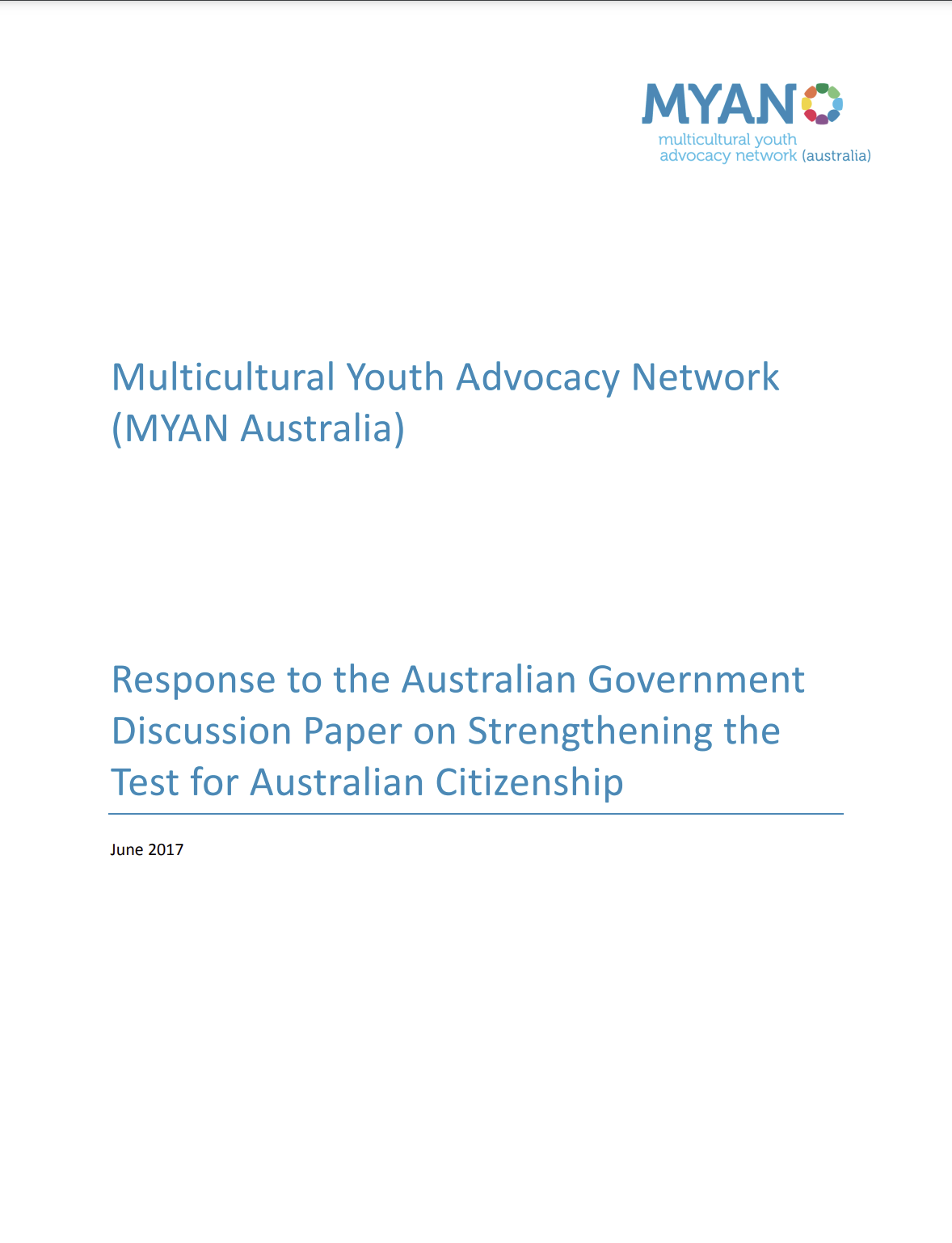 MYAN Response to the Australian Government’s Discussion Paper on Strengthening the Test for Australian Citizenship - June 2017