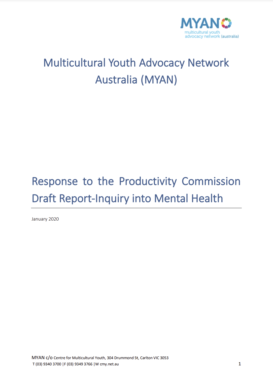 MYAN Response to the Productivity Commission Draft Report - Inquiry into Mental Health - January 2020