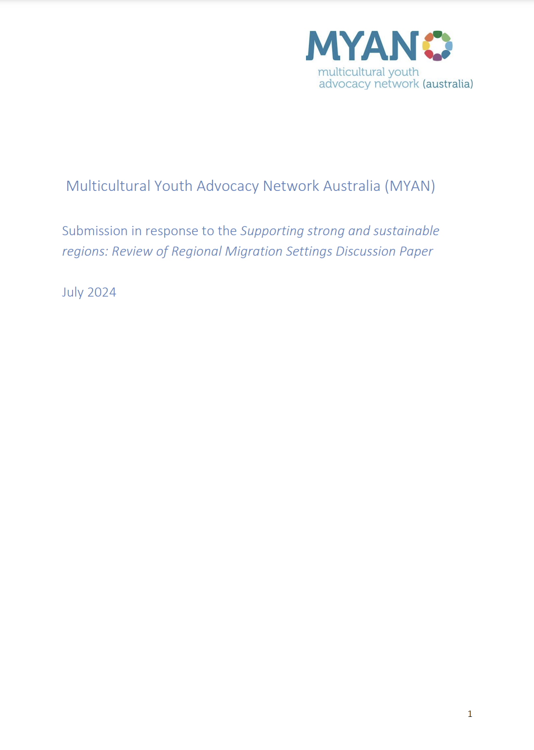 MYAN Submission in Response to the Supporting Strong and Sustainable Regions Discussion Paper - July 2024