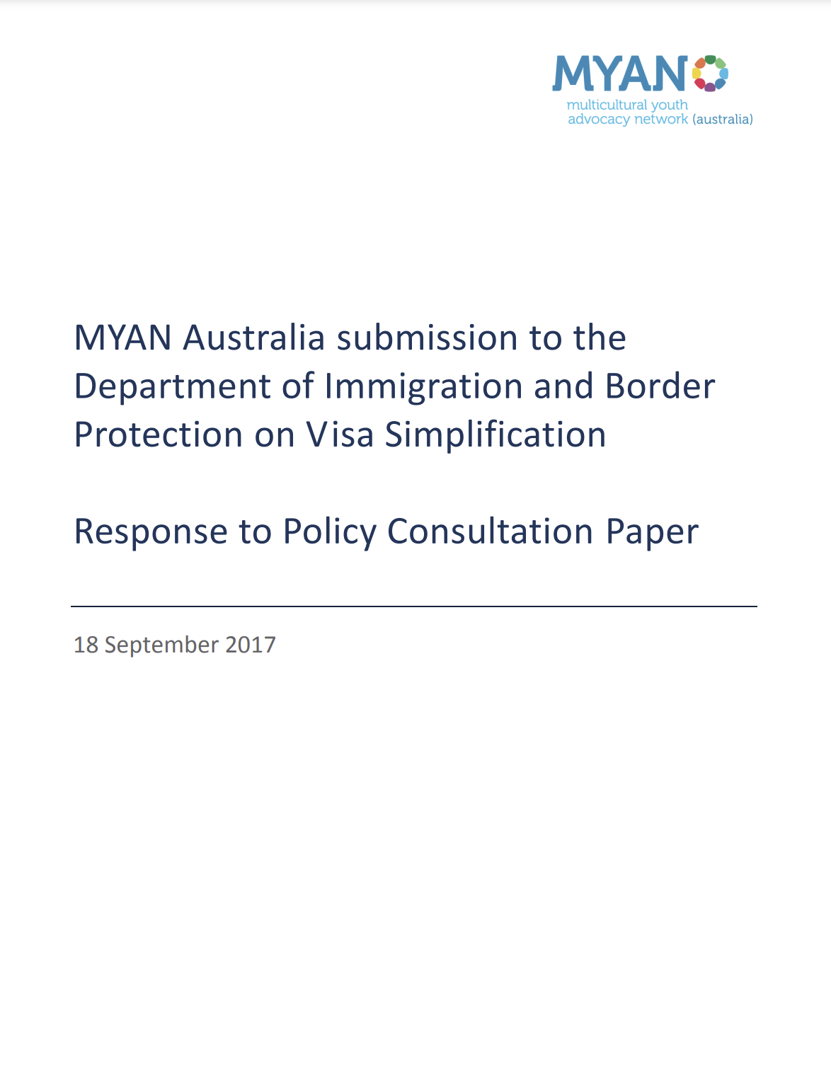 MYAN Response to the Visa Simplification Consultation Paper - Addressing the Impact on Youth and Families - September 2017