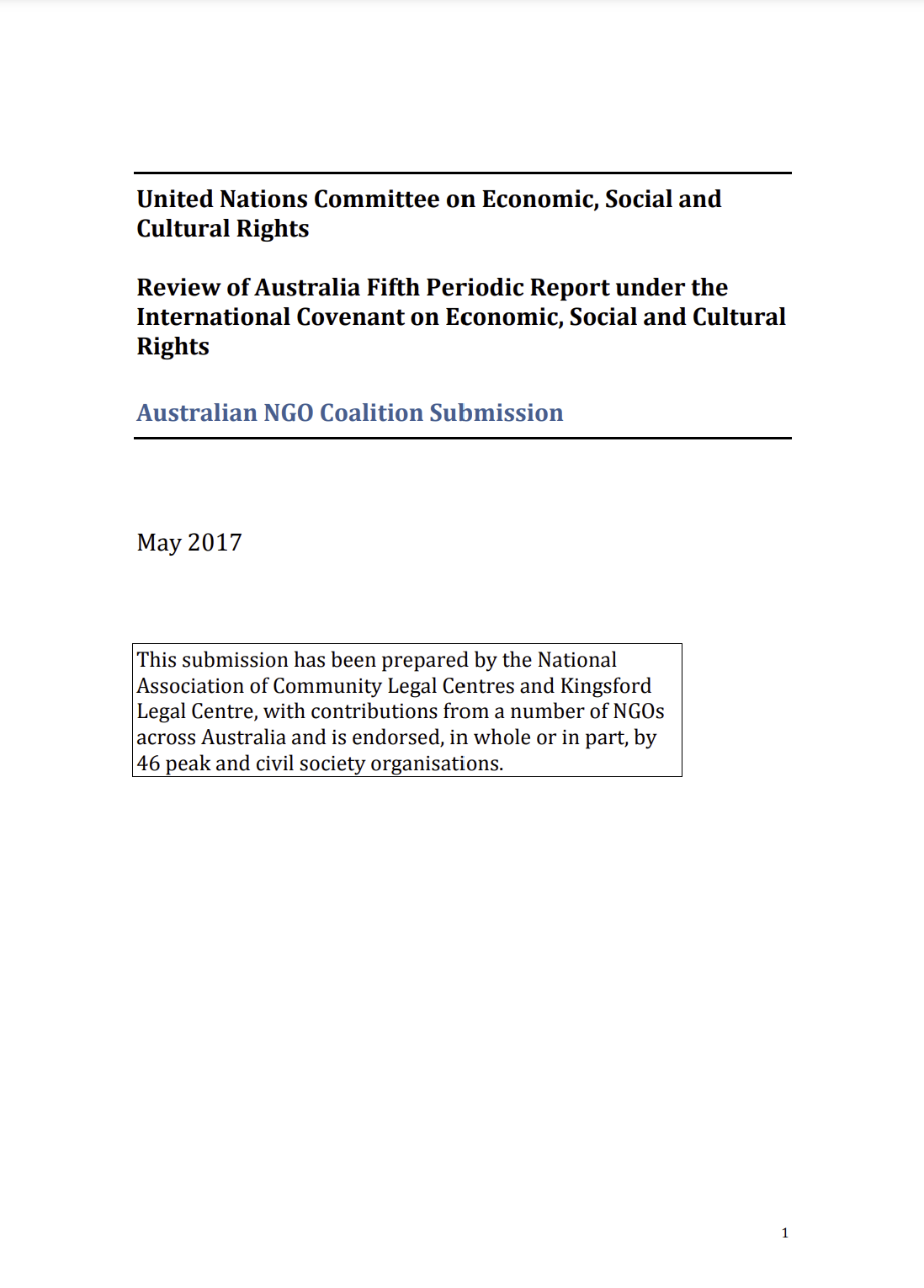 MYAN Review of Australia’s Fifth Periodic Report under the International Covenant on Economic, Social and Cultural Rights - May 2017