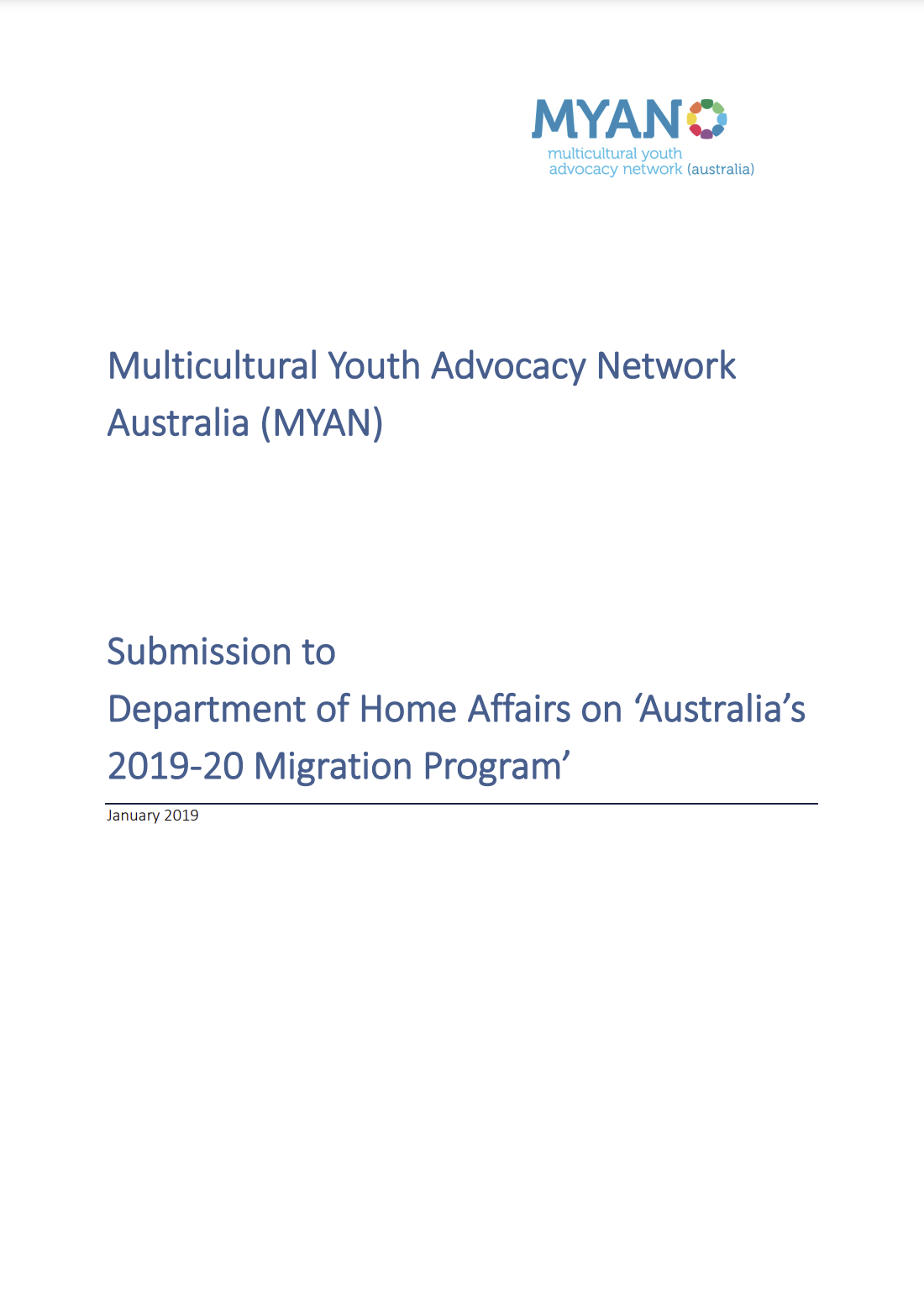 MYAN Submission to the Department of Home Affairs on Australia’s 2019-20 Migration Program - January 2019