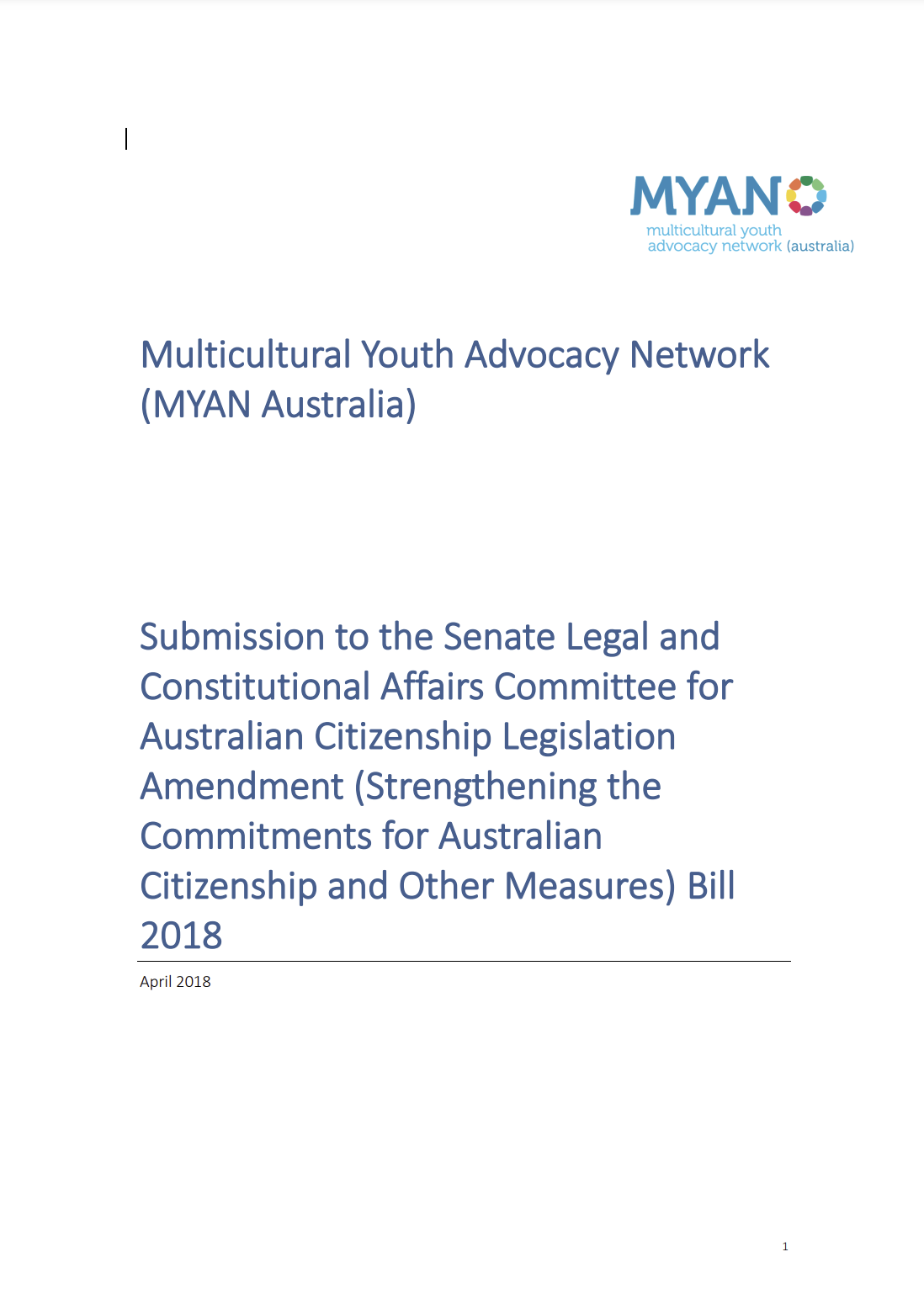 MYAN Submission on Australian Citizenship Legislation Amendment (Strengthening the Commitments for Australian Citizenship and Other Measures) Bill 2018 - April 2018