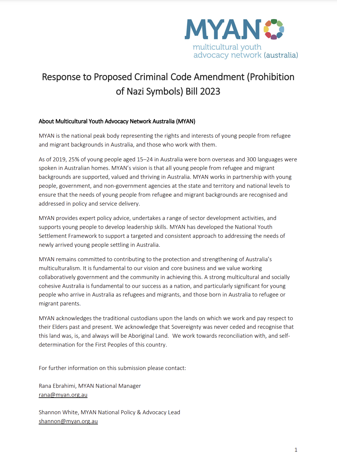 MYAN Submission on Proposed Criminal Code Amendment (Prohibition of Nazi Symbols) Bill 2023 - Advocating for Stronger Legal Responses to Hate Speech and Extremism