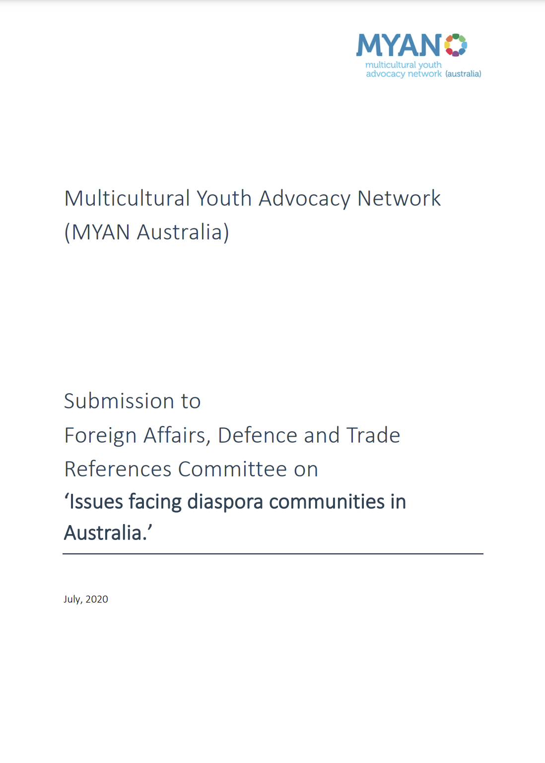 MYAN Submission to the Foreign Affairs, Defence, and Trade References Committee on Issues Facing Diaspora Communities in Australia - July 2020