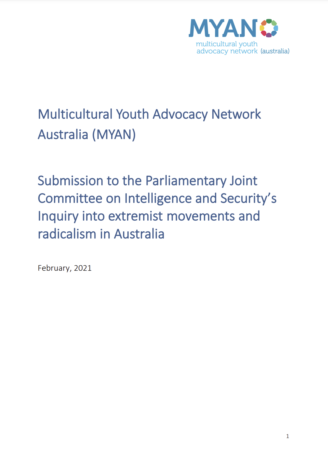 MYAN Submission to the Inquiry into Extremist Movements and Radicalism in Australia - February 2021