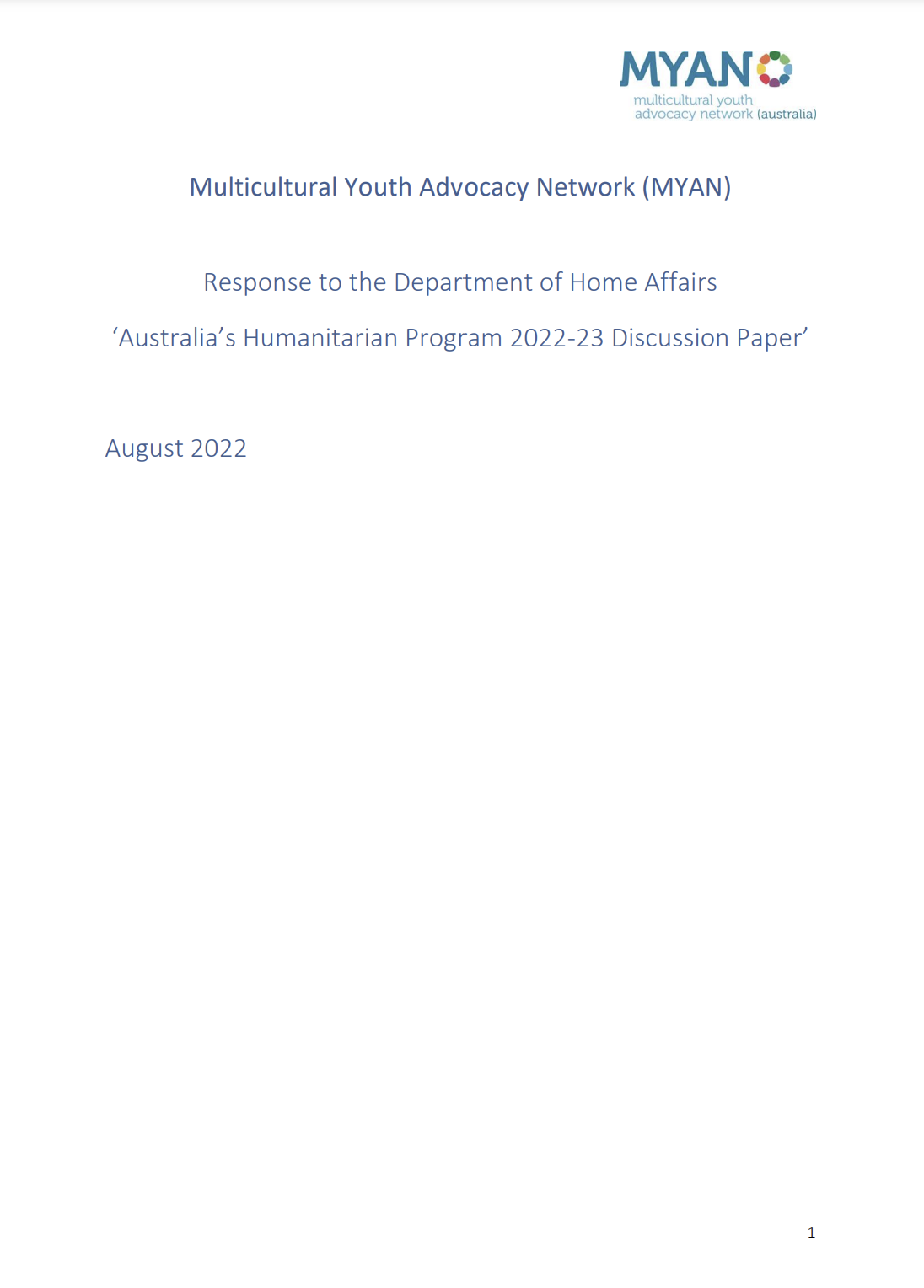 MYAN Submission on Australia’s Humanitarian Program 2022-23 Discussion Paper - August 2022