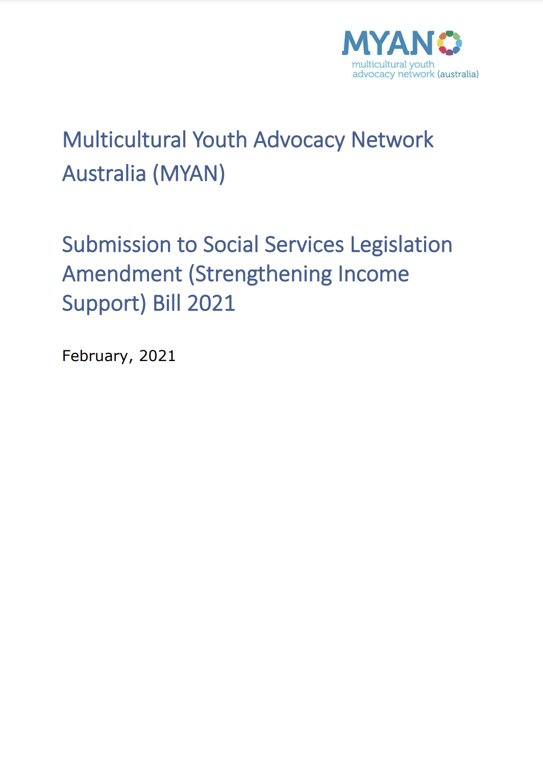 MYAN Submission to the Social Services Legislation Amendment (Strengthening Income Support) Bill 2021 - February 2021