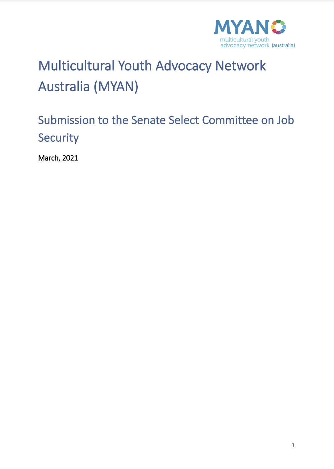 MYAN Submission to the Senate Select Committee on Job Security - March 2021