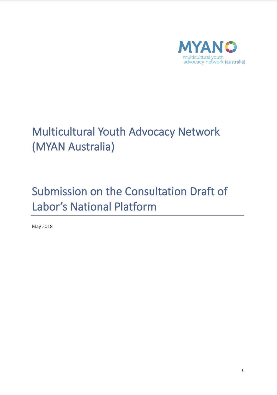 MYAN Submission on the Consultation Draft of Labor’s National Platform - Addressing Multicultural Youth Issues - May 2018