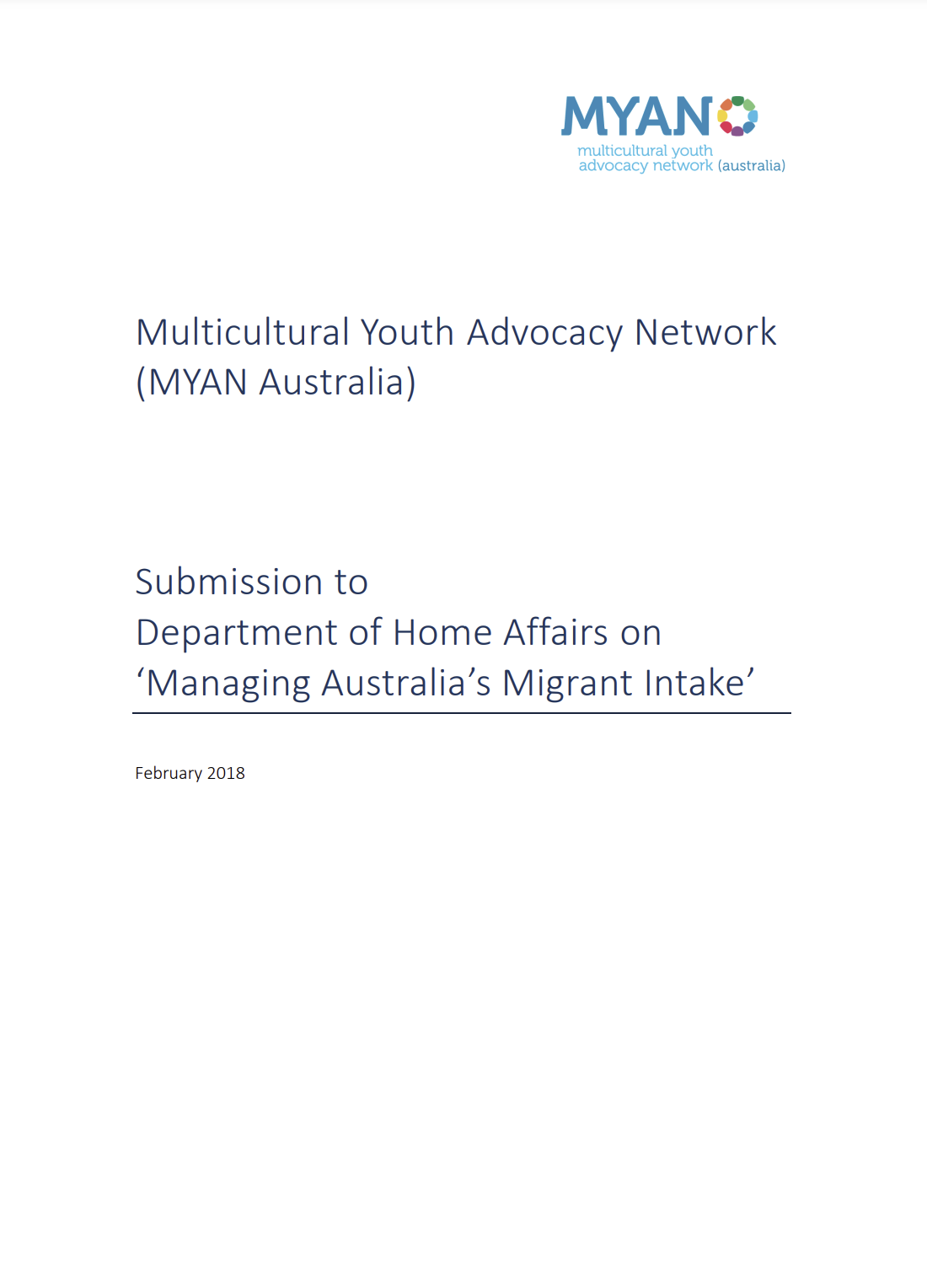 MYAN Australia Submission for Discussion Paper on Managing Australia’s Migrant Intake - February 2018