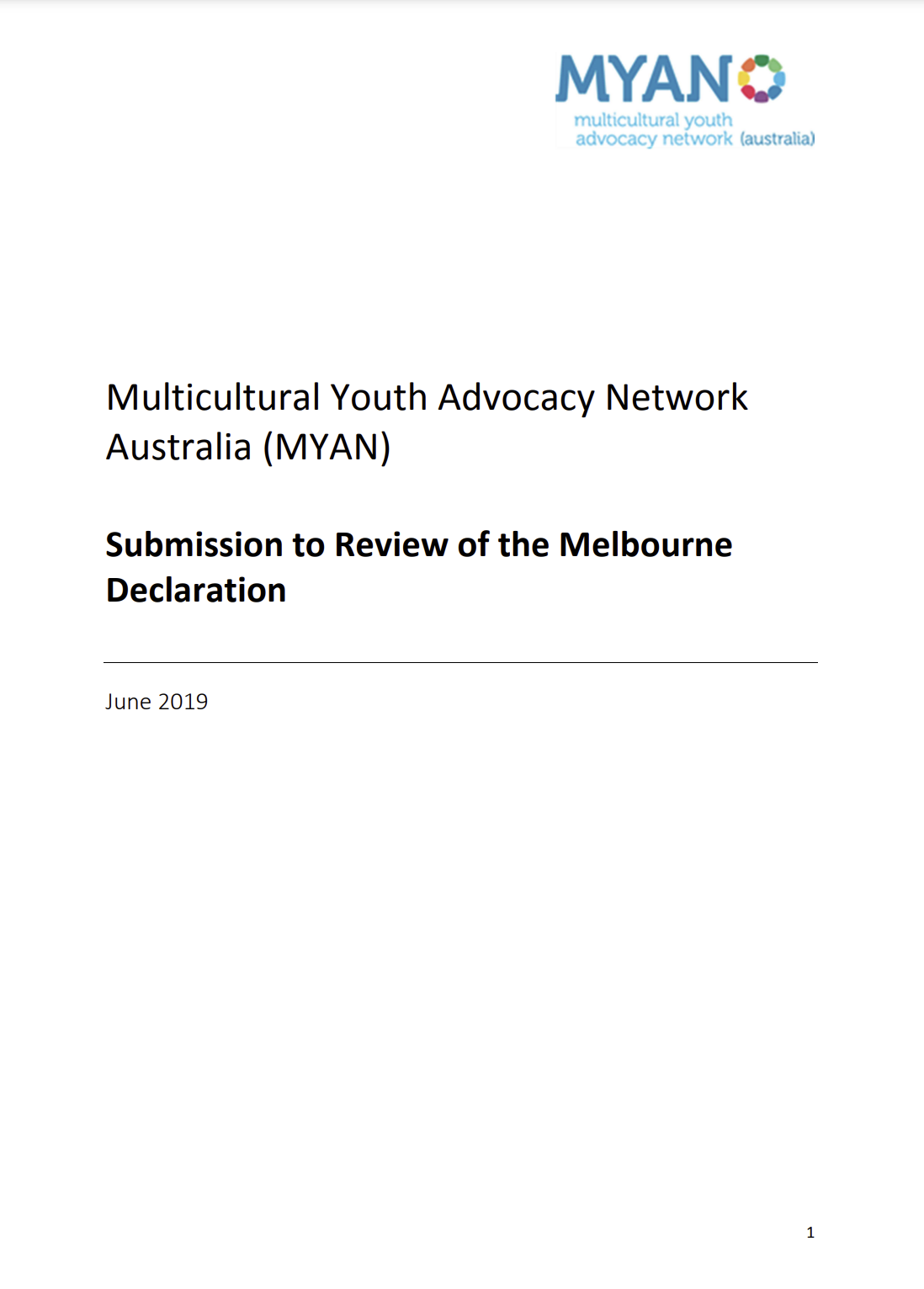 MYAN Submission to the Review of the Melbourne Declaration on Educational Goals for Young Australians - June 2019