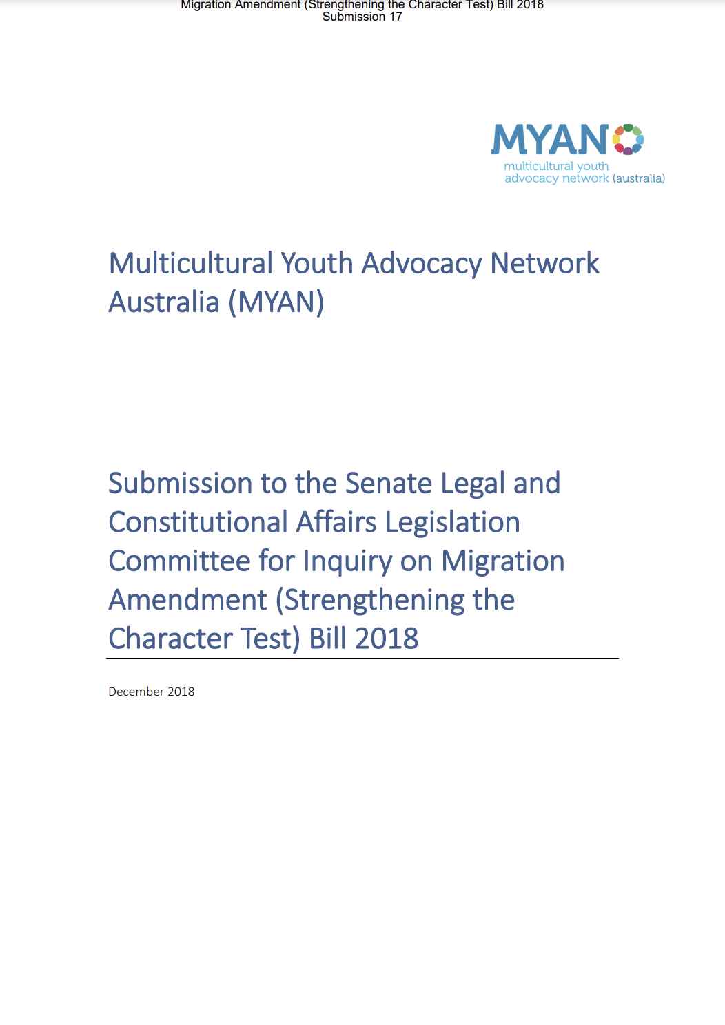 MYAN Submission to the Senate Legal and Constitutional Affairs Committee on Migration Amendment (Strengthening the Character Test) Bill - December 2018