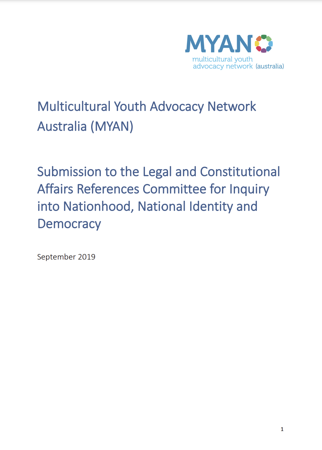 MYAN Submission to the Inquiry into Nationhood, National Identity, and Democracy - September 2019