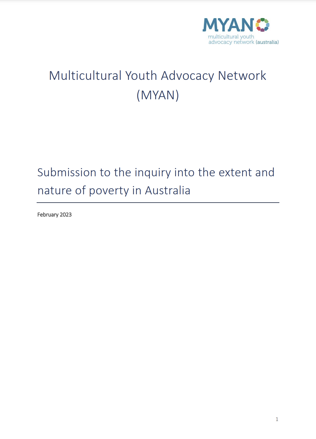 MYAN Submission to the Inquiry into the Extent and Nature of Poverty in Australia - February 2023