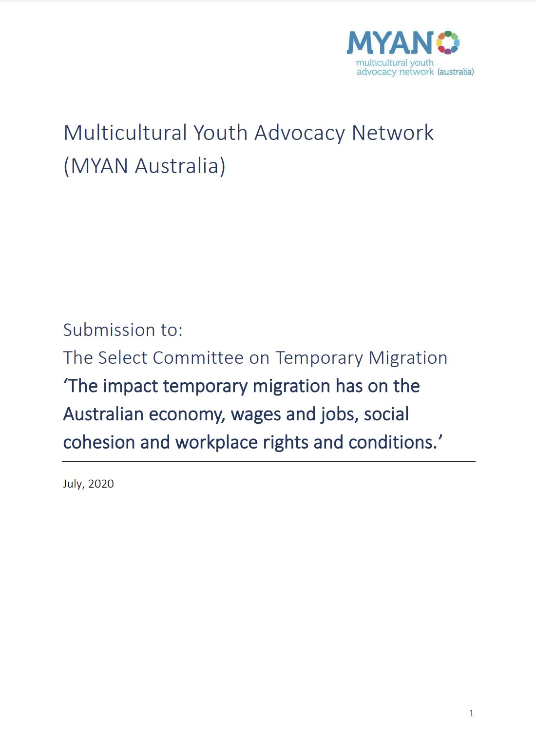 MYAN Submission to The Select Committee on Temporary Migration - Impact on Australia’s Economy, Wages, and Social Cohesion - July 2020