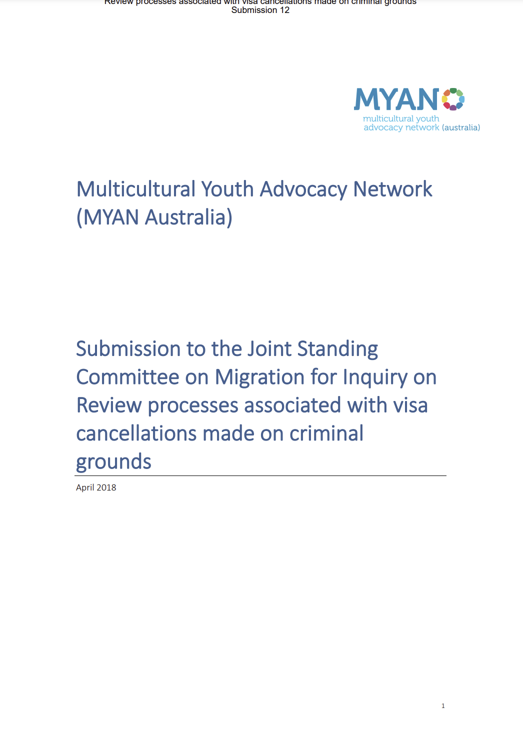 MYAN Submission on Visa Cancellation Review Processes Made on Criminal Grounds - April 2018