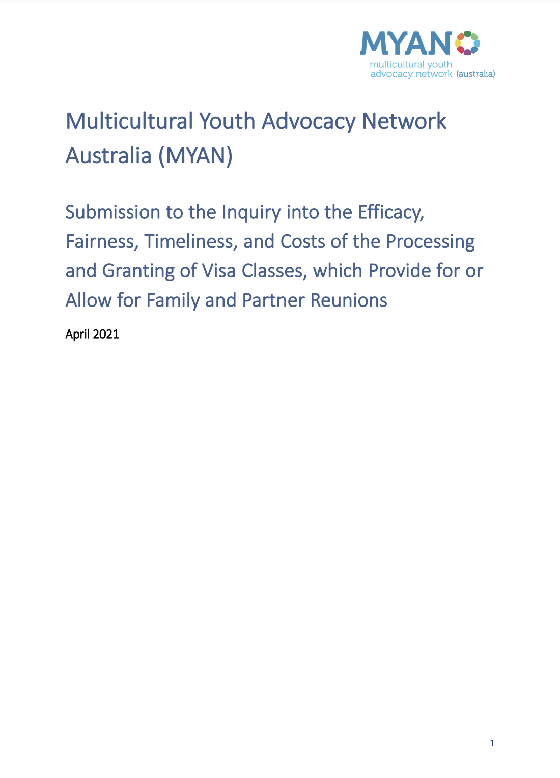 MYAN Submission to the Inquiry into Visa Processing for Family and Partner Reunions - April 2021