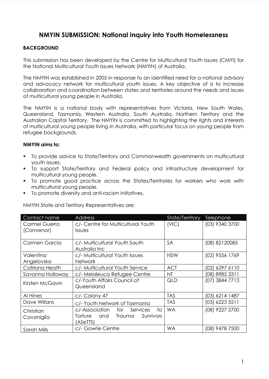 NMYIN Submission to the National Youth Homelessness Inquiry - Addressing Housing Challenges for CALD Young People - October 2009